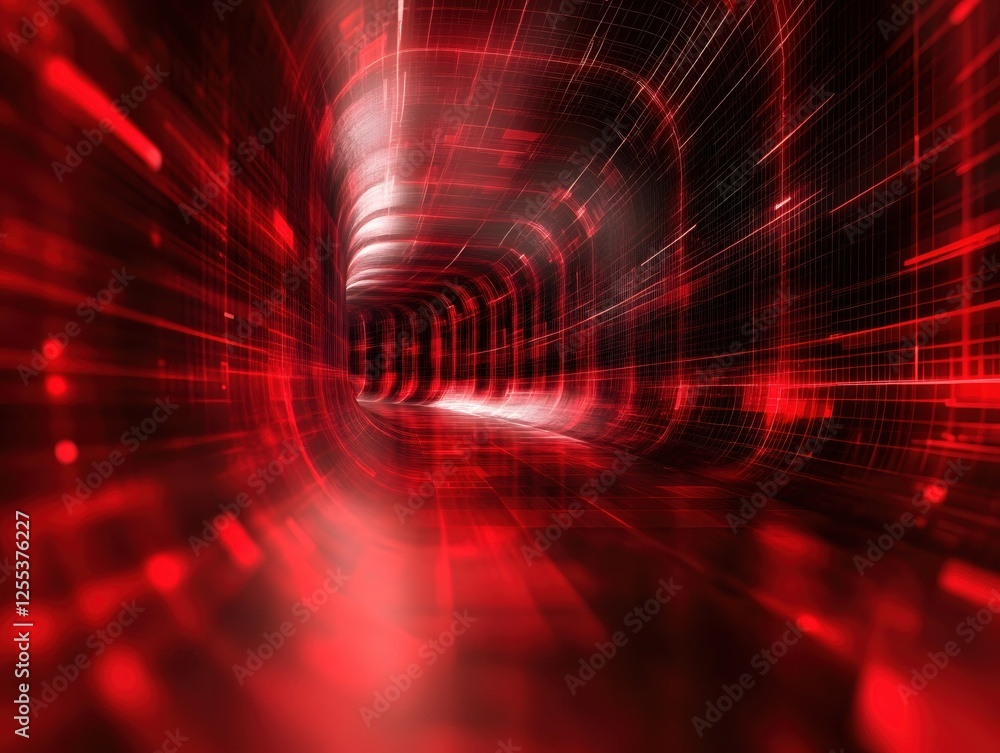 Poster abstract red digital tunnel with glowing lines and geometric shapes for futuristic design