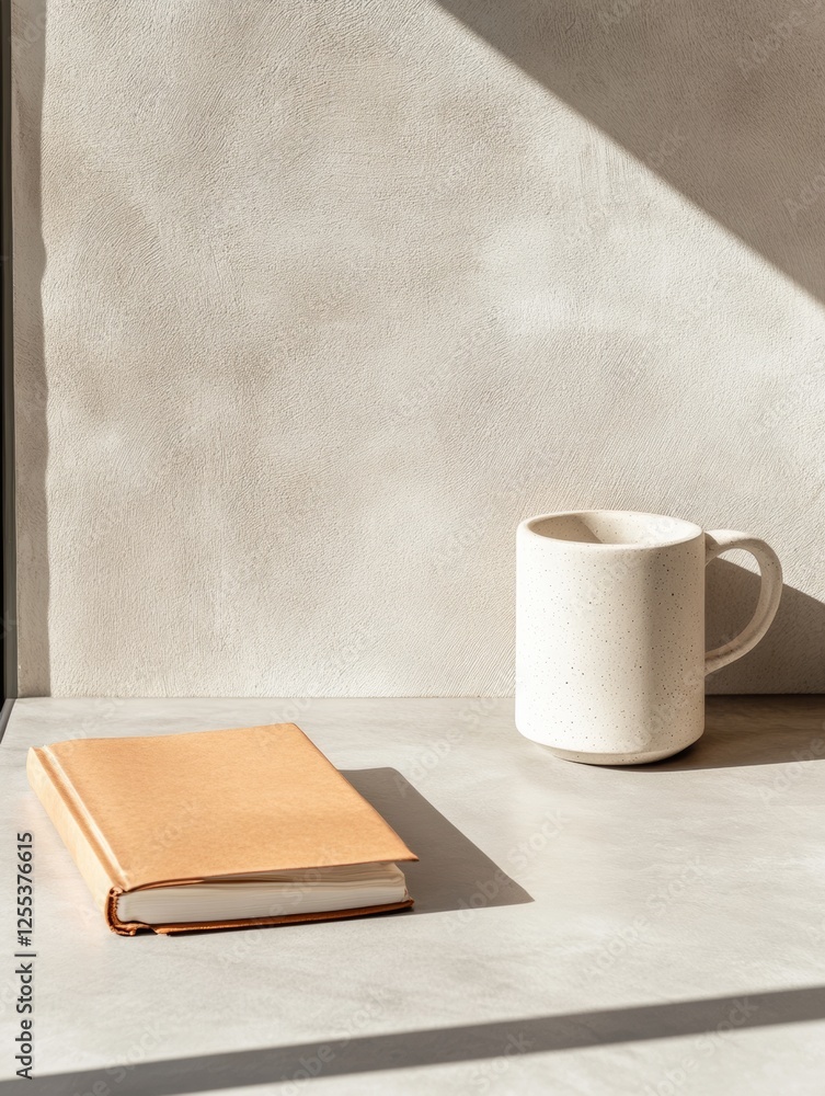 Aufkleber minimalist workspace aesthetic ceramic mug and leather notebook on concrete surface - strategic cont