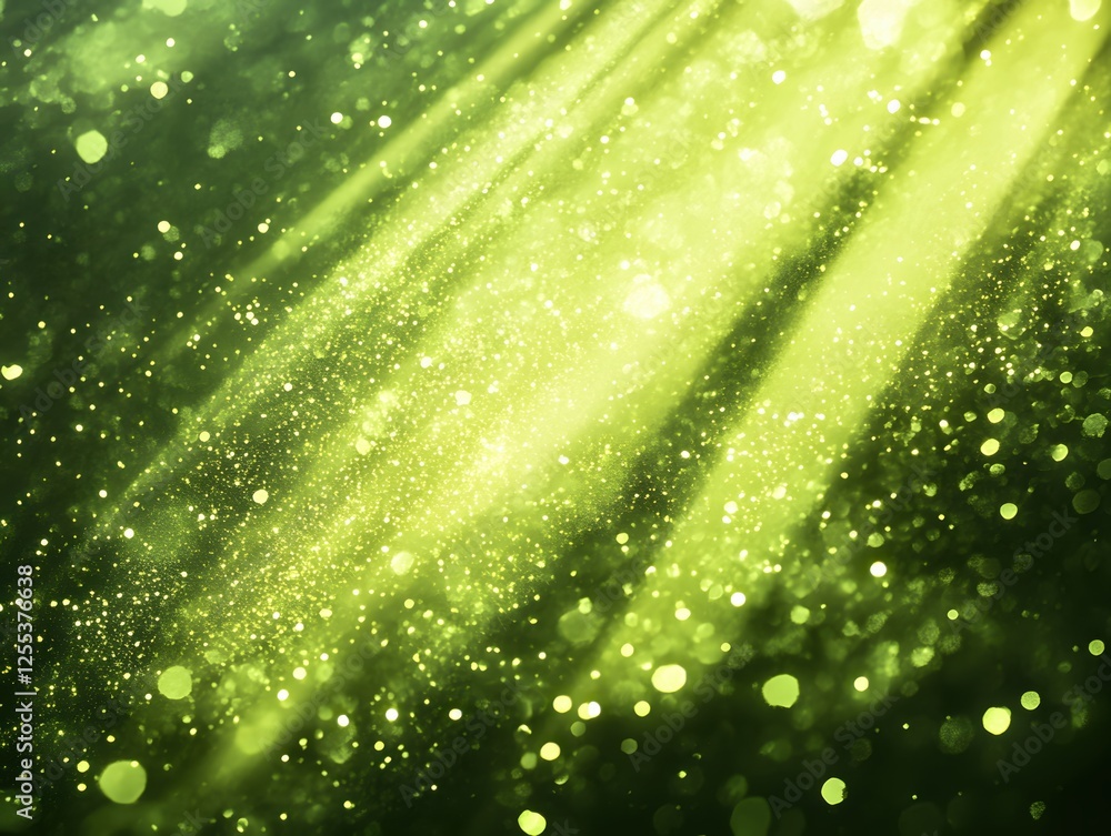 Poster abstract green light burst with sparkling particles and bokeh creating a magical atmosphere