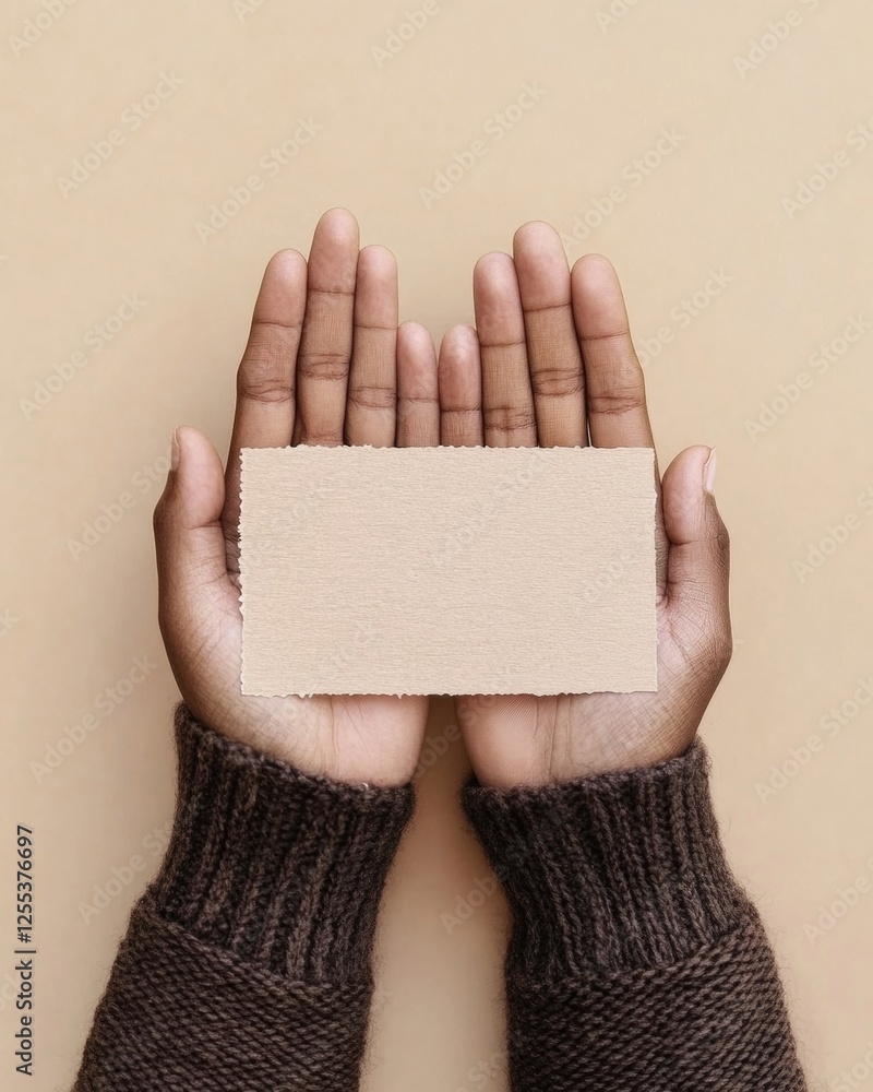 Poster warm minimalism diverse hands with textured name tag - symbolizing identity and connection for brand