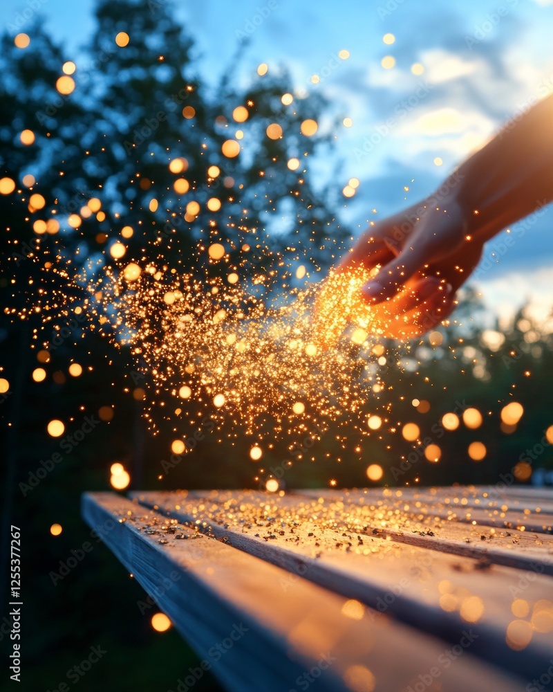Aufkleber enchanting bokeh illusion hand scattering golden sparkles on rustic wood - creative visuals for digi