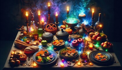 Fototapeta premium A sorcerer’s feast with plates of glowing ingredients