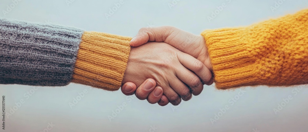 Poster cozy knitwear connection handshake in vibrant wool - collaborative teamwork and trust building conte