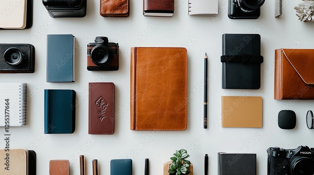 Poster a top-down view of a minimalist workspace with handcrafted stationery, embossed notebooks, and calli