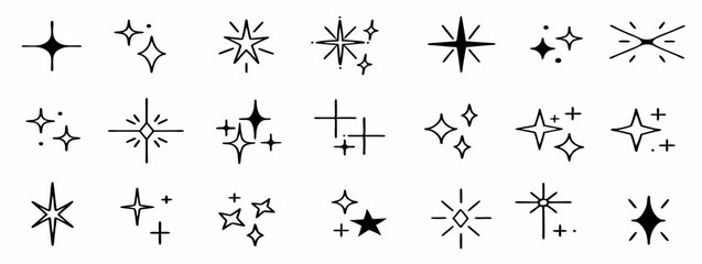 24 Minimalist Starburst Icons: Hand-Drawn Sparkle & Shine Design Elements.