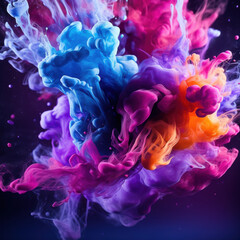 Colorful 3D ink explosion in water with swirling blue, purple, and orange smoke effects in dark background