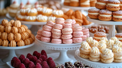Dessert spread featuring colorful macarons, clairs, and petit fours on tiered trays