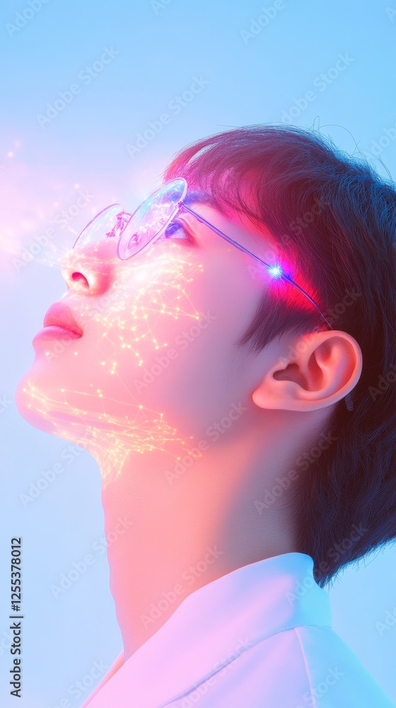 Aufkleber bioluminescent health visualization holographic light patterns on east asian doctor in tech-lab coat
