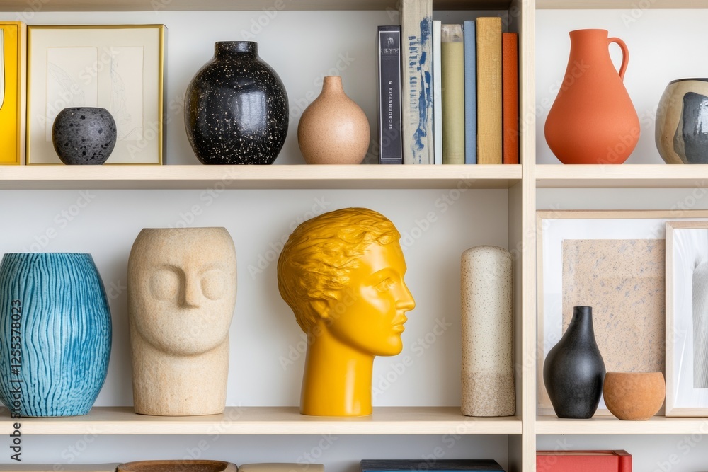 Aufkleber Maximalist Home Decor Display Curated Bookshelf with Eclectic Sculptures and Art - Vibrant Design Inspiration for Urban Living and Modern Retail Spaces