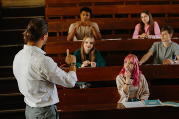 Professor Engaging with Students in a Lecture at a Modern Classroom