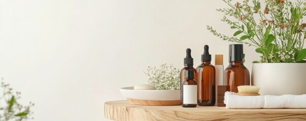 Natural skincare products with amber bottles on wooden tray surrounded by greenery