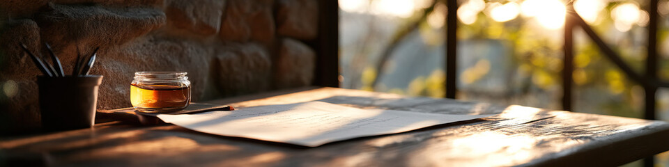 Handwritten Document, Ink, and Pencils on Wooden Table