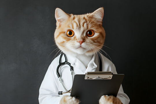 Funny cat dressed as a doctor holding clipboard, cute veterinary cat, medical pet, feline physician, adorable kitten in lab coat, smart cat doctor, professional cat portrait