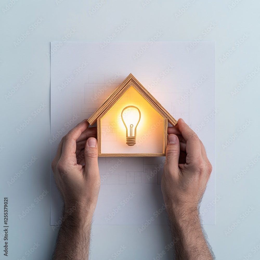 Poster scandi-modern fireproof architecture illuminated home icon over blueprint for safer living spaces - 