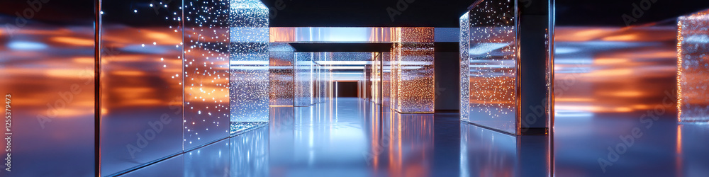 Poster digital rendering of illuminated corridor with glass panels