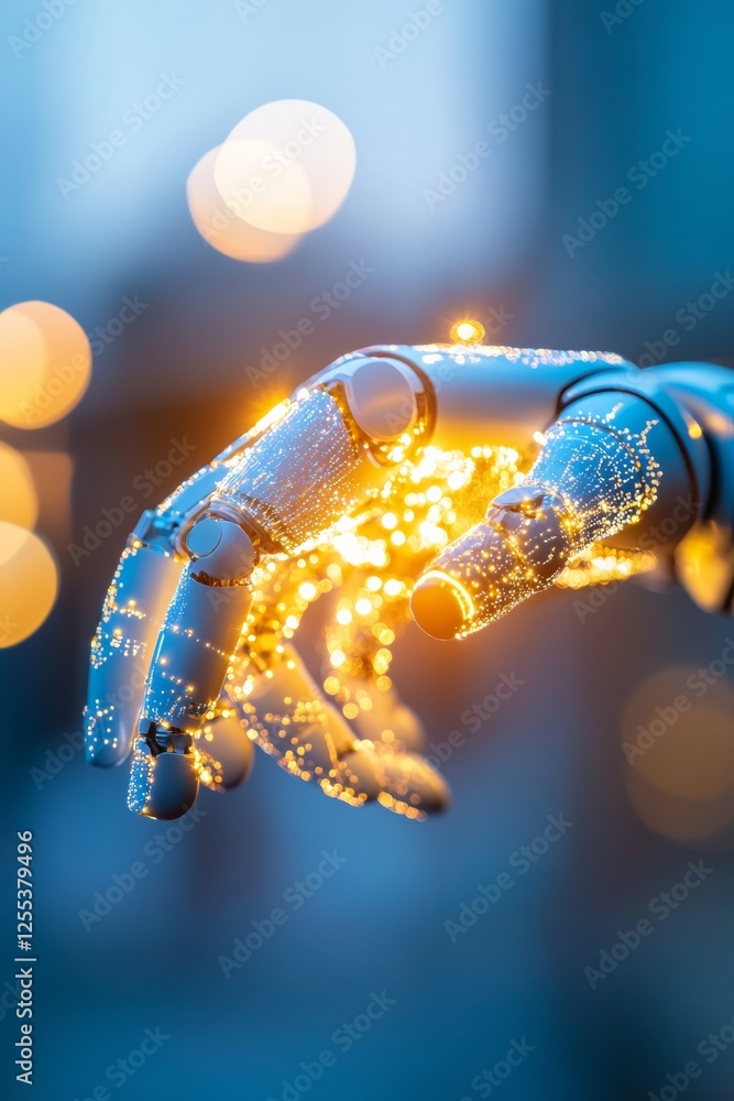 Poster Futuristic Robotic Arm Illuminated Metal with Digital Holograms - Industrial Automation and Technological Innovation for Smart Factory Integration