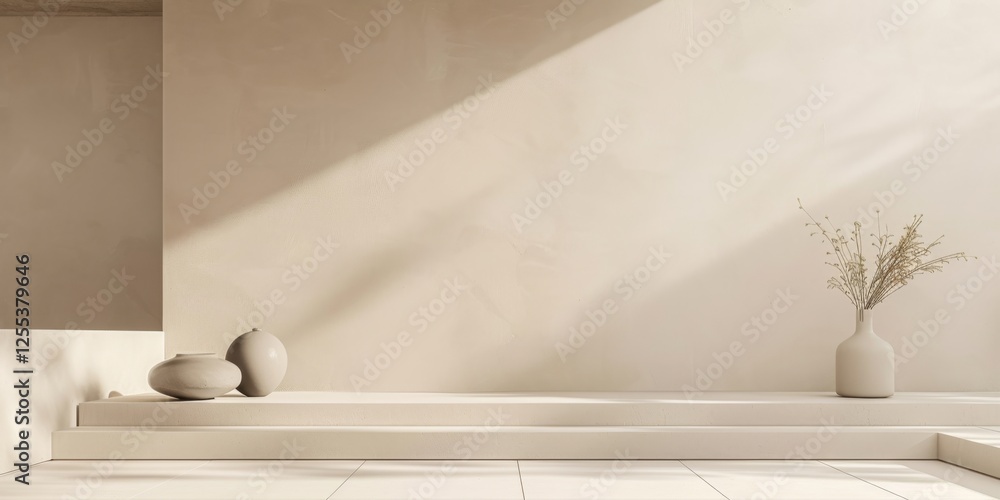 Poster a sleek minimalist backdrop with a muted warm ivory, clean geometric elements and soft textures, con