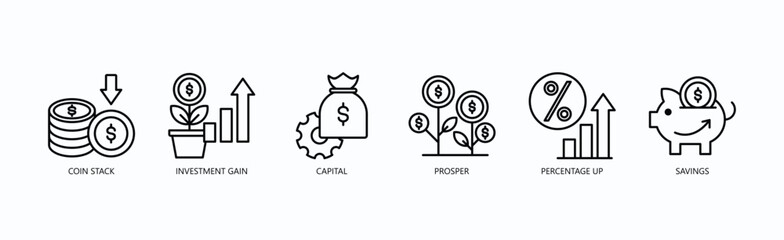 Coin Stack Icon Set Isolated Vector With Icon Of Capital, Prosper, Percentage Up, Savings, Percentage Up, Savings In Outline Style