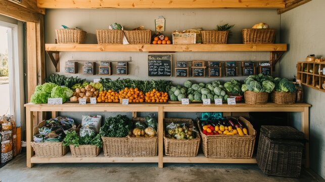 A well-organized farmers' cooperative store with fresh produce, organic products, and wooden shelves.