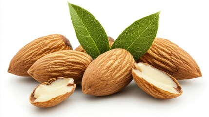 A beautiful arrangement of whole and cracked almonds rests on a pristine white backdrop. Fresh green leaves add a touch of nature, perfect for health-focused or culinary applications