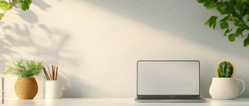 Aufkleber minimalist academic workspace sleek laptop with shadow play of greenery - modern edtech visual for d