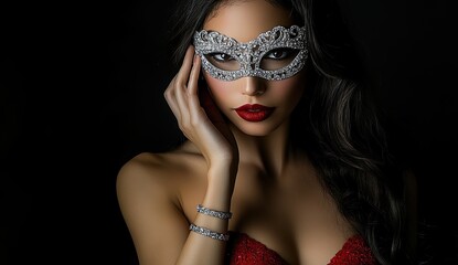Fototapeta premium A beautiful woman with long, dark hair and red lipstick wears an elegant silver masquerade mask adorned with diamonds