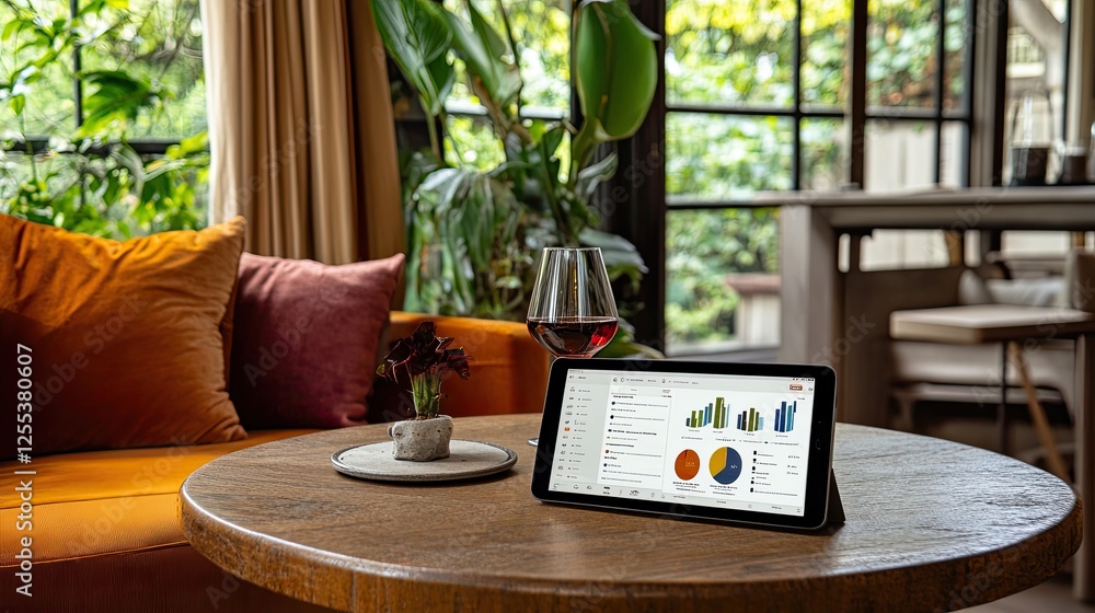 Poster a workspace with a modern tablet displaying customer acquisition analytics, emphasizing market expan