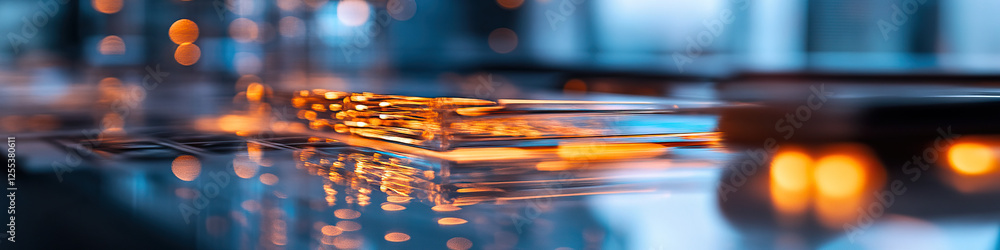 Poster translucent rectangular object on reflective surface with bokeh lighting