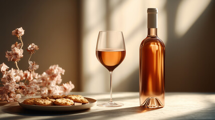 Elegant Rose Wine Bottle and Glass with Cookies in Warm Sunlight