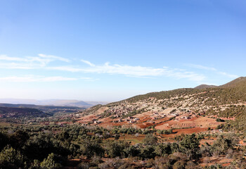 View over rocky mountains, road to Atlas Mountains near Marrakech, travel in Morocco.