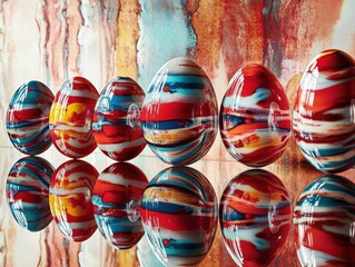 Obraz premium Colorful decorative eggs arranged in a row, reflecting vibrant patterns