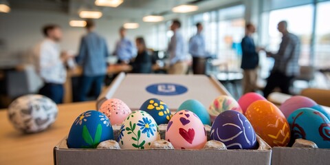 Corporate Easter: Egg Decorating in the Office. Decorated Easter eggs on a table at a corporate Easter celebration. Businessmen socializing in the background.