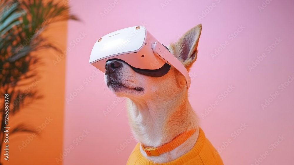 Poster futuristic vr pet interaction adorable dog in neon space with sleek headset - digital adoption exper