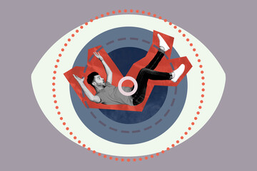 Creative sketch collage of shocked guy fall eyeball stare control weapon target gun freemason...