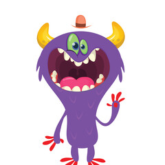 Cartoon cute monster with funny excited face expression waving hands. Vector illustration isolated on white. Halloween design