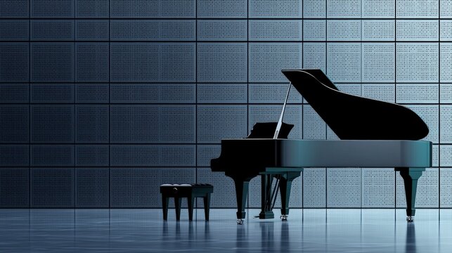 Black Grand Piano on Stage with Grey Note Background