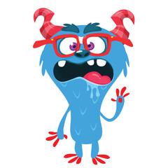 Naklejka premium Cartoon cute monster with funny excited face expression waving hands. Vector illustration isolated on white. Halloween design