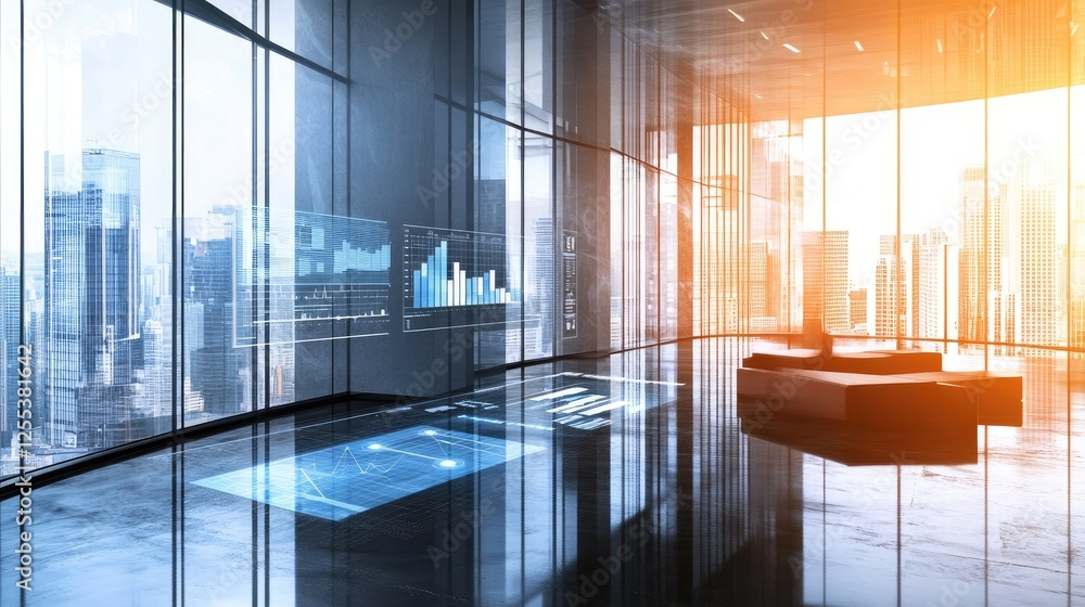Poster a sleek office space with digital devices showing ai-powered analytics and corporate strategies.