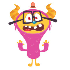 Cartoon cute monster with funny excited face expression waving hands. Vector illustration isolated on white. Halloween design