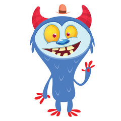 Cartoon cute monster with funny excited face expression waving hands. Vector illustration isolated on white. Halloween design