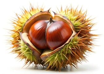 Crisp close-up: a single chestnut, perfectly isolated, in its shell.