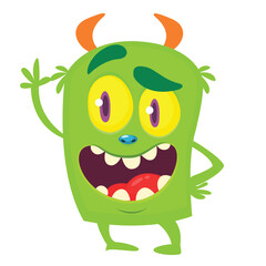 Cartoon cute monster with funny excited face expression waving hands. Vector illustration isolated on white. Halloween design