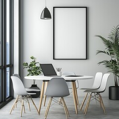 empty room with chairs and table, empty frame for mockup design 3d render room. modern meeting room with one frame empty mockup