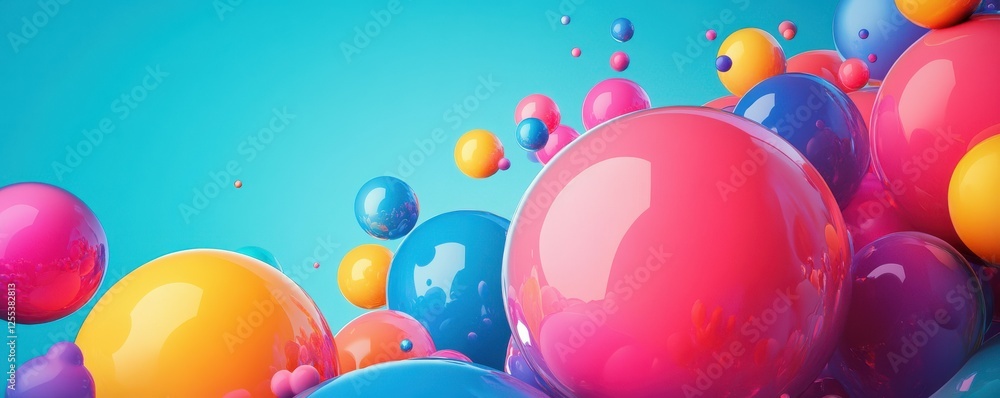Poster colorful abstract spheres floating on blue background with dynamic vibrancy