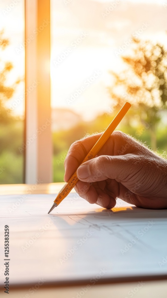 Poster golden hour workspace modern architectural blueprint design with pencil on sunlit surface - construc