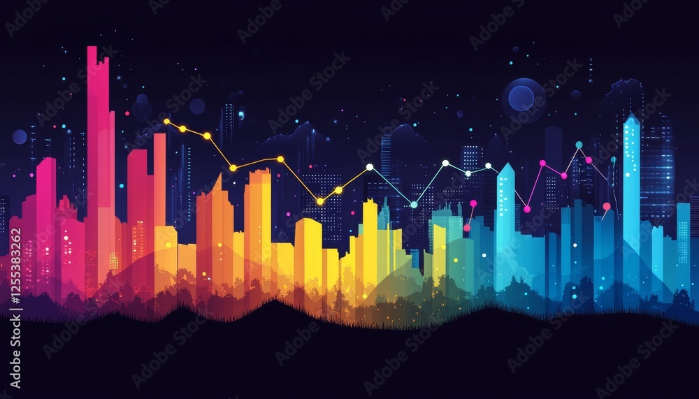 Poster vibrant cityscape with financial data column chart and line graphs on dark background