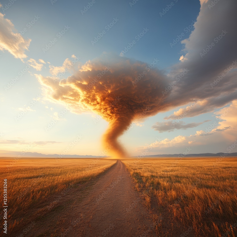 Fototapete dynamic storm visualization ethereal tornado formation against sunset sky - atmospheric data aesthet