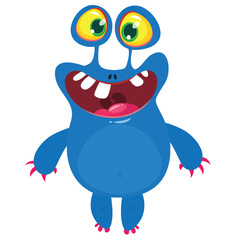 Cartoon cute monster with funny excited face expression waving hands. Vector illustration isolated on white. Halloween design