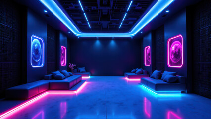 A modern room with colorful lighting featuring neon accents and acoustic foam on the walls for sound dampening.
