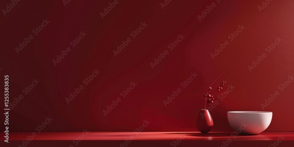 Poster a sleek minimalist composition with a deep ruby red backdrop, sharp lines and rich hues, modernist m
